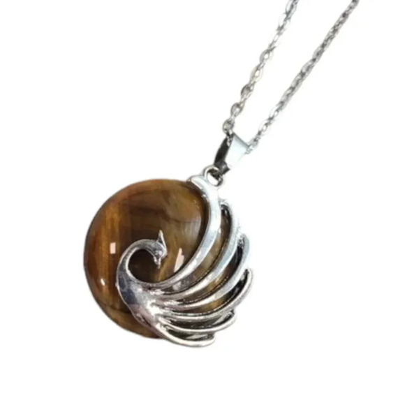 Cats Eye Rising Phoenix Amulet Natural Stone Pendant Necklace Peacock Bird - Picture 2 of 9
